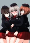  3girls absurdres aikir_(jml5160) bangs black_headwear black_jacket blue_eyes blush brown_eyes brown_hair commentary cowboy_shot dress_shirt eyebrows_visible_through_hair frown garrison_cap girl_sandwich girls_und_panzer grey_background grey_hair half-closed_eyes hands_on_another&#039;s_stomach hat highres holding_hands insignia itsumi_erika jacket kuromorimine_military_uniform light_smile long_sleeves looking_at_another looking_at_viewer medium_hair military military_hat military_uniform miniskirt multiple_girls nishizumi_maho nishizumi_miho open_mouth parted_lips pleated_skirt red_shirt red_skirt sandwiched shirt short_hair siblings simple_background sisters skirt smirk standing uniform wing_collar yuri 
