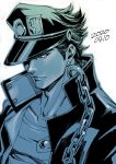  1boy black_hair black_jacket chain earrings hat jacket jewelry jojo_no_kimyou_na_bouken kuujou_joutarou male_focus monochrome sakakibara_mizuki solo stardust_crusaders stud_earrings upper_body white_background 