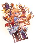  1girl :d apron bangs blonde_hair blue_eyes chair charlotta_fenia commentary_request crown cup dress food fork french_fries full_body granblue_fantasy hamburger harvin highres holding ketchup long_hair nigo omurice open_mouth pancake plate pointy_ears puffy_short_sleeves puffy_sleeves short_sleeves smile solo sparkle spoon striped tray waist_apron 