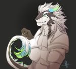  abs anthro claws clothed clothing dathys_alturius dragon fur furred_dragon glowing glowing_eyes glowing_horn glowing_tail horn humanoid male muscular pecs scales solo unknown_artist 