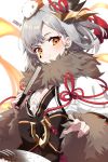  1girl absurdres animal animal_ears animal_on_head azur_lane bangs blush board_game breasts cheunbyeol closed_fan extra_ears eyebrows_visible_through_hair facial_mark fan folding_fan fur-trimmed_sleeves fur_trim go grey_hair hair_ornament hamster highres holding holding_fan japanese_clothes jewelry obi on_head orange_eyes sash short_hair simple_background small_breasts smile solo sparkle suzutsuki_(azur_lane) teardrop upper_body white_background 