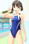  1girl absurdres black_eyes black_hair blue_swimsuit clothes_writing collarbone commentary_request competition_swimsuit cowboy_shot flat_chest highres one-piece_swimsuit original outdoors pool solo standing string_of_flags swimsuit takafumi twintails v 