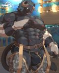  4:5 anthro barely_visible_genitalia barely_visible_penis bulge chaps felid genitals hi_res krampus_(housamo) male mammal muscular penis reclamon solo tokyo_afterschool_summoners video_games 