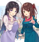  2girls :d ahoge bangs black_hair blue_shirt blue_sky blurry blurry_background blush breasts brown_eyes brown_hair closed_fan collared_shirt commentary_request copyright_request depth_of_field dress eyebrows_visible_through_hair fan folding_fan forehead gyozanuko hair_between_eyes hair_ribbon hands_up highres holding holding_fan juliet_sleeves long_hair long_sleeves looking_at_viewer medium_breasts multiple_girls one_side_up open_mouth parted_bangs puffy_sleeves purple_apron purple_eyes red_ribbon ribbon school_uniform shirt shougi_piece sky smile upper_teeth very_long_hair white_dress white_shirt 