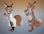  2020 anthro black_nose black_pawpads blue_eyes bottomwear brown_background brown_body brown_fur canid canine clothed clothing coat crop_top dipstick_tail disney ear_piercing ear_ring eyewear female food fox full-length_portrait fully_clothed fur goggles gradient_background grey_background hi_res holding_food holding_object hotpants lab_coat licking looking_at_viewer mammal midriff multicolored_tail multiple_poses open_mouth open_smile pawpads pawpsicle piercing popsicle portrait pose s1m shirt shorts signature simple_background smile solo standing tongue tongue_out topwear zootopia 