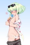  1boy androgynous ass bangs bikini blush burrrntlemon butt_crack earrings eyebrows_visible_through_hair eyes_visible_through_hair flat_ass floral_print food green_hair heart highres ice_cream ice_cream_cone jewelry licking lio_fotia looking_at_viewer looking_back male_focus melting nipples nose_blush open_clothes open_mouth open_shirt otoko_no_ko promare purple_eyes sexually_suggestive shirt short_hair shorts side-tie_bikini solo spoken_heart standing swimsuit symbol_commentary tongue tongue_out white_bikini white_shirt 
