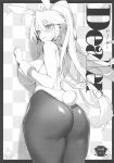  1girl absurdres animal_ears artoria_pendragon_(all) artoria_pendragon_(swimsuit_ruler)_(fate) ass bangs bare_shoulders breasts bunny_ears bunny_tail checkered checkered_background closed_mouth cover cover_page doujin_cover fake_animal_ears fate/grand_order fate_(series) hair_ornament highleg highleg_leotard highres imp_(sksalfl132) jewelry large_breasts leotard lips long_hair looking_at_viewer looking_back pantyhose ponytail scan sideboob smile solo strapless strapless_leotard tail tiara tied_hair wrist_cuffs 