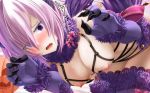  1girl animal_ears bangs bare_shoulders blush breasts claw_pose dangerous_beast elbow_gloves fate/grand_order fate_(series) fur-trimmed_gloves fur-trimmed_legwear fur_collar fur_trim gloves hair_over_one_eye halloween_costume lace-trimmed_legwear lace_trim large_breasts light_purple_hair looking_at_viewer mash_kyrielight nipples o-ring open_mouth purple_eyes purple_gloves purple_legwear revealing_clothes short_hair tail thighhighs totororo wavy_mouth wolf_ears wolf_tail 