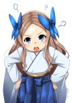  1girl =3 angry asakaze_(kantai_collection) bangs blue_bow blue_eyes blue_hakama bow commentary_request cowboy_shot forehead hair_bow hakama hands_on_hips highres japanese_clothes kantai_collection leaning_forward light_brown_hair long_hair looking_at_viewer meiji_schoolgirl_uniform nassukun open_mouth parted_bangs round_teeth sidelocks simple_background solo teeth upper_teeth wavy_hair white_background 