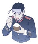  1boy black_eyes black_hair cropped_torso eating facial_hair facial_scar goatee golden_kamuy hair_strand holding isa_(peien516) long_sleeves male_focus military military_uniform ogata_hyakunosuke rice scar scar_on_cheek shirt short_hair simple_background solo spoon uniform upper_body 