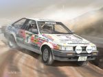  2boys artist_name car drifting driving glasses ground_vehicle helmet jettoburikku motion_blur motor_vehicle multiple_boys original racecar toyota_corolla_levin vehicle_focus 