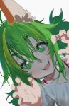  1girl :3 :d animal_ears claw_pose close-up commentary english_commentary fangs fox_ears godekasu green_eyes green_hair grey_shirt highres leaning_to_the_side looking_at_viewer open_mouth original portrait shirt simple_background sketch smile solo twintails white_background 