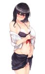  1girl bare_shoulders black_hair black_sarong blush breasts cleavage cosplay cowboy_shot embarrassed highres kantai_collection large_breasts midriff miyako_(00727aomiyako) navel red_eyes sailor_bikini sailor_collar sarong shigure_(kantai_collection) shigure_(kantai_collection)_(cosplay) simple_background solo underboob white_background yamashiro_(kantai_collection) 