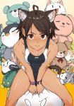  1girl animal_ear_fluff animal_ears black_hair blush breasts brown_eyes brown_hair cat_ears cat_tail competition_swimsuit dark_skin highres kr_ohoshisama looking_at_viewer one-piece_swimsuit original short_hair sitting solo stuffed_animal stuffed_bunny stuffed_penguin stuffed_toy sweat swimsuit tail teddy_bear watch wristwatch 
