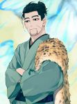  1boy alternate_costume animal_print aqua_kimono black_eyes black_hair closed_mouth crossed_arms face facial_hair facial_scar goatee golden_kamuy hair_strand hand_in_hair isa_(peien516) japanese_clothes kimono light_smile long_sleeves male_focus ogata_hyakunosuke scar scar_on_cheek short_hair simple_background solo uniform upper_body 