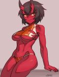  1girl arm_support black_hair bra breasts brown_hair closed_mouth eyebrows_visible_through_hair fingernails grey_background horns kidouko_(zakusi) large_breasts looking_at_viewer navel oni oni_horns orange_bra orange_eyes orange_panties original panties red_oni red_skin revision short_hair signature simple_background sitting smile solo sports_bra toned underboob underwear zakusi 