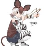  1girl animal_ears animal_print bare_shoulders bow bowtie brown_eyes brown_hair brown_shirt closed_mouth cutoffs denim denim_shorts detached_sleeves extra_ears eyebrows_visible_through_hair from_side hair_between_eyes highres holding holding_weapon iwa_(iwafish) kemono_friends looking_at_viewer looking_to_the_side medium_hair okapi_(kemono_friends) pantyhose peanut pocket print_legwear print_sleeves shirt shoes shorts simple_background sleeveless sleeveless_shirt slingshot smile solo squatting striped striped_legwear striped_sleeves tail tail_through_clothes translation_request weapon white_background white_hair 