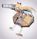  1girl blonde_hair bow bowtie brown_dress cannon command_and_conquer ddt_(darktrident) dress frills full_body global_defense_initiative grey_background highlights highres long_hair looking_at_viewer mecha_musume multicolored_hair plaid plaid_bow plaid_neckwear puffy_short_sleeves puffy_sleeves short_sleeves simple_background solo very_long_hair white_legwear wristband yellow_eyes 
