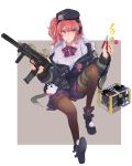  1girl absurdres beret candy food girls_frontline gun h&amp;k_mp7 hat highres lollipop mp7_(girls_frontline) pantyhose red_hair reraise side_ponytail solo submachine_gun weapon yellow_eyes 