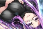  1girl bangs black_sweater blush breasts fate/stay_night fate_(series) forehead glasses large_breasts long_hair long_sleeves looking_at_viewer lying parted_bangs purple_eyes purple_hair ribbed_sweater rider shimeno_puni smile sweater turtleneck turtleneck_sweater very_long_hair 