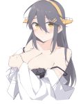  1girl bare_shoulders black_bra black_hair bra hair_between_eyes hair_ornament hairclip haruna_(kantai_collection) headgear ieufg kantai_collection long_hair looking_at_viewer remodel_(kantai_collection) simple_background solo underwear upper_body white_background yellow_eyes 