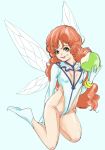  1girl blue_background breasts cham_fau fairy fairy_wings floating food fruit green_eyes highres holding holding_food holding_fruit leotard looking_at_viewer orange_hair seisenshi_dunbine small_breasts solo tamakoshi_horiyuki wings 