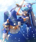  1girl absurdres air_bubble android between_legs blue_eyes blush bodysuit breasts bubble helmet high_heels highres holding holding_weapon hoshi_mikan leviathan_(rockman) open_mouth polearm rockman rockman_zero solo spear thighhighs tongue tongue_out underwater weapon 