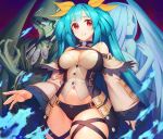  1boy 2girls angel_wings asymmetrical_wings bangs bare_shoulders black_panties blue_fire blue_hair blue_skin blush bow breasts choker cleavage clothing_request collarbone commentary cowboy_shot detached_sleeves dizzy_(guilty_gear) fire glowing glowing_eyes green_robe guilty_gear guilty_gear_xrd hair_ribbon hood hood_up large_breasts long_hair long_sleeves midriff monster_girl multiple_girls navel necro_(guilty_gear) open_mouth panties red_background red_eyes ribbon robe rotix skull tail teeth thick_thighs thigh_strap thighs twintails underwear undine_(guilty_gear) wide_sleeves wings yellow_ribbon 