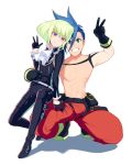  2boys absurdres androgynous aqua_eyes belt belt_buckle black_gloves black_jacket black_pants blue_hair buckle burrrntlemon chest closed_mouth galo_thymos gloves green_hair grin highres jacket lio_fotia looking_at_viewer male_focus multiple_boys pants pectorals pose promare purple_eyes red_pants simple_background smile squatting v w white_background 