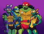  anthro blush bottomwear bulge clothed clothing donatello_(tmnt) erection erection_under_clothing group hi_res leonardo_(tmnt) male michelangelo_(tmnt) raphael_(tmnt) reptile scalie shorts sirdrunkmann teenage_mutant_ninja_turtles turtle 