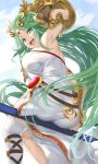  1girl :d armlet armpits ass bangs dress forehead_jewel from_below green_eyes green_hair highres jewelry kid_icarus laurel_crown long_hair looking_at_viewer open_mouth palutena parted_bangs pendant side_slit single_thighhigh sitting smile solo strapless strapless_dress super_smash_bros. thighhighs thighs tiara vambraces white_legwear yappen 
