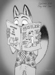  2020 absurd_res anthro blush bottomwear bulge canid canine cheems clothed clothing dipstick_tail disney dogelore dubstepina english_text erection erection_under_clothing fox fully_clothed fur grey_background greyscale head_tuft hi_res holding_magazine humor inktober inktober_2020 judy_hopps lagomorph leporid male mammal meme monochrome multicolored_tail necktie nick_wilde pants rabbit red_fox shirt simple_background solo tenting text topwear tuft underwear zootopia 