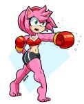  4_toes accessory amy_rose anthro bodily_fluids bottomwear boxing_gloves breasts clothing colored digital_drawing_(artwork) digital_media_(artwork) eulipotyphlan feet female fighting_pose fur green_eyes hair hair_accessory hair_over_eye handwear hedgehog hi_res humanoid_feet looking_away mammal muscular muscular_arms muscular_female netto-painter one_eye_obstructed open_mouth pink_body pink_fur pose prick_ears punch sega short_hair shorts signature simple_background solo sonic_the_hedgehog_(series) sweat toes video_games 
