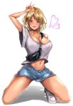  1girl absurdres arm_up bag bangs blonde_hair blush bra_strap breasts cleavage collarbone commentary_request crop_top cutoffs denim denim_skirt eyebrows_visible_through_hair full_body grey_shirt groin gyaru heart heart-shaped_pupils highres kneeling large_breasts looking_at_viewer medium_hair midriff miha-g miniskirt navel off-shoulder_shirt off_shoulder open_mouth original parted_bangs purple_eyes shadow shirt shoes short_sleeves sidelocks simple_background skirt smile sneakers solo symbol-shaped_pupils tongue upper_teeth v white_background white_footwear 