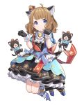  1girl ahoge animal_ear_fluff animal_ears arms_up bangs bell black_footwear black_gloves blue_dress blue_eyes boots bow bowtie brown_hair cat cat_ears cat_tail chiri_(ch!) commentary crown dress frilled_dress frilled_gloves frills full_body fur-trimmed_boots fur-trimmed_gloves fur_trim gloves highres idolmaster idolmaster_million_live! jumping mini_crown paw_pose paw_print_pattern short_hair short_sleeves simple_background solo striped striped_bow striped_neckwear striped_tail suou_momoko tail waist_bow white_background 