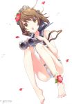  1girl absurdres bangs bare_shoulders barefoot bikini binoculars brown_eyes brown_hair eyebrows_visible_through_hair flower h2so4 hair_flower hair_ornament hibiscus highres holding kantai_collection looking_at_viewer open_mouth page_number petals sailor_collar scan simple_background solo swimsuit thighs toes white_background yukikaze_(kantai_collection) 