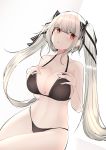  1girl azur_lane bikini black_bikini bow breasts cleavage eyebrows_visible_through_hair formidable_(azur_lane) hair_bow hands_on_own_chest highres large_breasts long_hair looking_to_the_side navel platinum_blonde_hair red_eyes samip swimsuit thighs twintails very_long_hair 