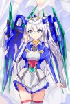  00_qan[t] 1girl breasts clenched_hand eyebrows_visible_through_hair green_eyes gundam gundam_00 gundam_00_a_wakening_of_the_trailblazer highres i.takashi large_breasts long_hair looking_at_viewer mecha_musume personification smile solo thighhighs white_background zoom_layer 