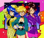  1990s_(style) 3girls blonde_hair blue_eyes blue_hair bow breasts brown_hair cleavage earrings hair_bow highres hoop_earrings jewelry looking_at_viewer looking_to_the_side midriff multiple_girls navel open_mouth original potiri02 purple_eyes red_eyes short_hair 