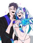  1boy 1girl :d bikini black-framed_eyewear black_shirt blue_flower blue_rose boorunrun brynhildr_(fate) brynhildr_(swimsuit_berserker)_(fate) closed_eyes couple fate/grand_order fate_(series) feathers flower glasses happy heart heart_hands heart_hands_duo hetero light_blue_hair long_hair memories_with_my_lover multicolored_hair navel open_mouth purple_eyes purple_hair purple_scarf rose scarf shirt side_ponytail sigurd_(fate/grand_order) simple_background smile swimsuit two-tone_hair white_background white_bikini white_hair 