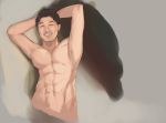  1boy abs arms_behind_head black_hair chest commentary_request completely_nude facial_hair grin hololive looking_at_viewer male_focus mathiamo13 muscle nose nude short_hair simple_background sketch smile solo stubble upper_body yagoo 