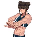  1girl abs bangs bare_arms bare_shoulders brown_eyes brown_hair double_bun hand_on_own_arm highres iwakakeru!_sport_climbing_girls kumagai_chigusa looking_at_viewer muscle muscular_female nail navel onsen_tamago_(hs_egg) shaded_face shading shoulders sportswear stretch tank_top white_background 