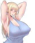  1girl armpits arms_behind_head artist_name blonde_hair blue_eyes blush breasts cleavage covered_nipples hair_tie_in_mouth halterneck heavy_breathing large_breasts long_hair looking_at_viewer mouth_hold original see-through sidelocks simple_background solo sueyuu tying_hair upper_body white_background 