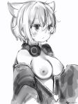 1girl :&lt; animal_ears breasts cat_ears closed_mouth ears_down from_side greyscale headphones headphones_around_neck highres jacket large_breasts monochrome nanashi_(nlo) nipples nude off-shoulder_jacket open_clothes open_jacket short_hair simple_background solo topless tsumugine_rei upper_body white_background zero_project 