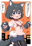  1girl alternate_costume animal_ears bat bikini black_hair blue_eyes blue_shorts blush breasts building collar commentary cowboy_shot cutoffs dog_collar fake_animal_ears fake_tail fang front-tie_bikini front-tie_top fur-trimmed_shorts fur_armlet fur_trim gloves halloween halloween_costume heart highres kaban_(kemono_friends) kemono_friends legwear_under_shorts looking_at_viewer navel open_mouth orange_background outside_border pantyhose paw_gloves paws ransusan red_bikini red_collar short_hair shorts skindentation small_breasts smile solo standing swimsuit tail torn_clothes torn_legwear translated werewolf wolf_ears wolf_tail 