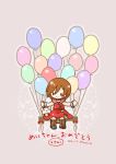  1girl anniversary balloon bench blush_stickers boots brown_hair character_name chibi dated floral_print highres knee_boots meiko mushroom pink_background red_shirt red_skirt sangatsu_youka shirt short_hair skirt smile solid_oval_eyes twitter_username vocaloid wrist_cuffs 