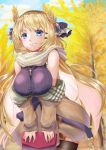  1girl autumn azur_lane bag blonde_hair blue_eyes breasts brown_coat coat coat_dress cross cross_necklace eyebrows_visible_through_hair highres holding holding_bag jewelry large_breasts laurel_crown long_hair necklace outdoors purple_sweater red_bag ribbed_sweater sleeveless_sweater solo sweater sweater_vest taut_sweater_vest thighhighs victorious_(azur_lane) victorious_(goddess&#039;_day_off)_(azur_lane) yam_(yam6056) 