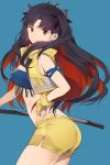  1girl ass bangs bare_shoulders belt black_hair blue_bandeau breasts cropped_vest earrings fate/grand_order fate_(series) fingerless_gloves gloves highres ishtar_(fate)_(all) jewelry katana long_hair looking_at_viewer medium_breasts multicolored_hair neee-t parted_bangs red_eyes red_hair short_shorts shorts space_ishtar_(fate) sword thighs tiara two-tone_hair two_side_up vest weapon yellow_gloves yellow_shorts yellow_vest 