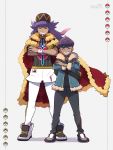  2boys aqua_jacket bangs baseball_cap black_pants black_shirt brothers cape champion_uniform character_name clenched_teeth closed_eyes commentary_request crossed_arms dark_skin dark_skinned_male facial_hair floating_cape fur-trimmed_cape fur-trimmed_jacket fur_trim gloves hat highres hop_(pokemon) jacket leggings legs_apart leon_(pokemon) long_hair male_focus mayuzumi multiple_boys number pants poke_ball_symbol pokemon pokemon_(game) pokemon_swsh purple_hair red_cape shirt shoes short_hair shorts siblings single_glove smile standing teeth white_legwear white_shorts white_wristband 