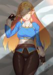  1girl bed_sheet blonde_hair bluespice braid braiding_hair breast_expansion breasts closed_eyes crown_braid hairdressing highres long_hair lying medium_breasts open_mouth pointy_ears princess_zelda sleeping solo sunlight the_legend_of_zelda the_legend_of_zelda:_breath_of_the_wild 